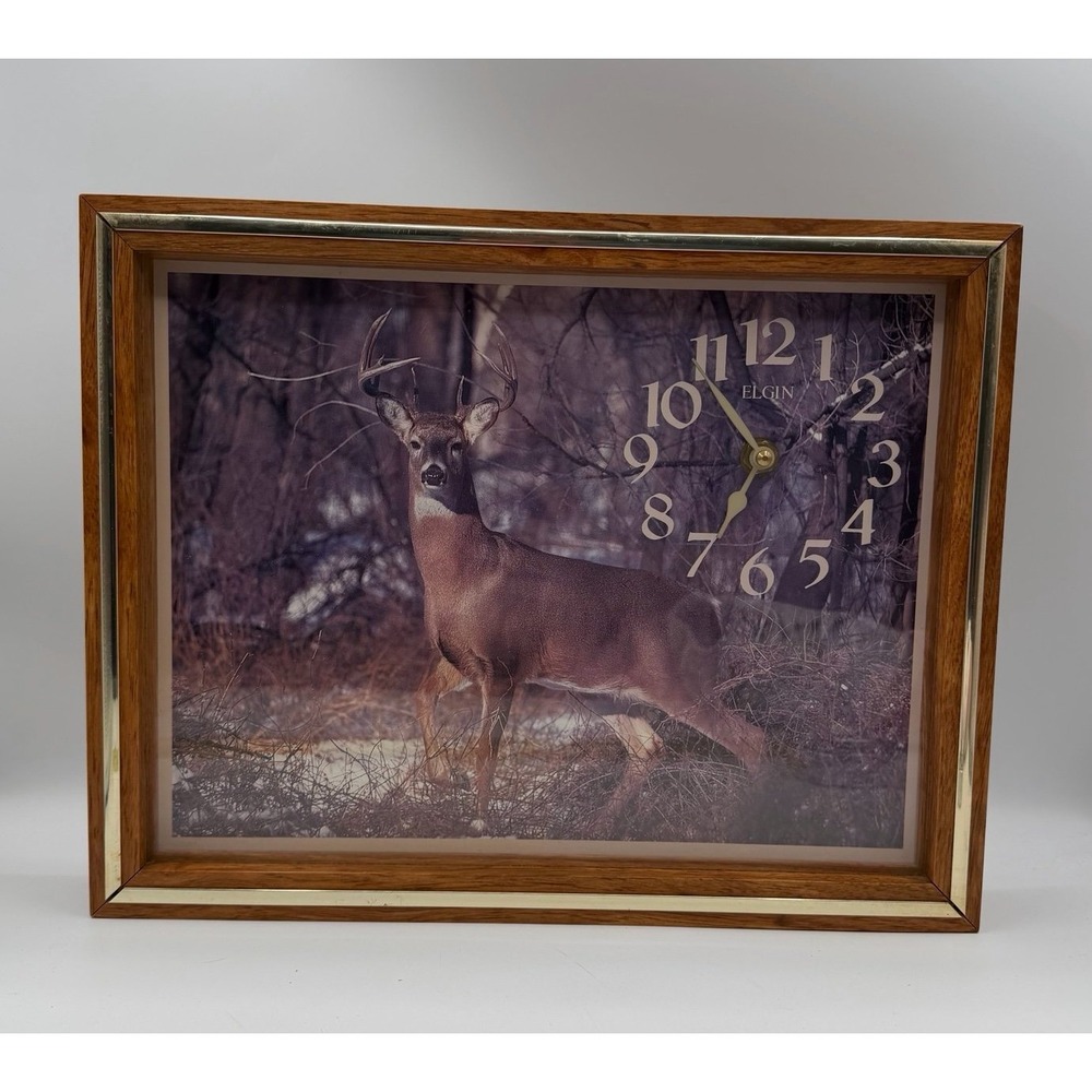 Elgin Quartz Wall Clock Deer Buck Hunting Scene Wood‎ Frame Lodge Cabin Decor